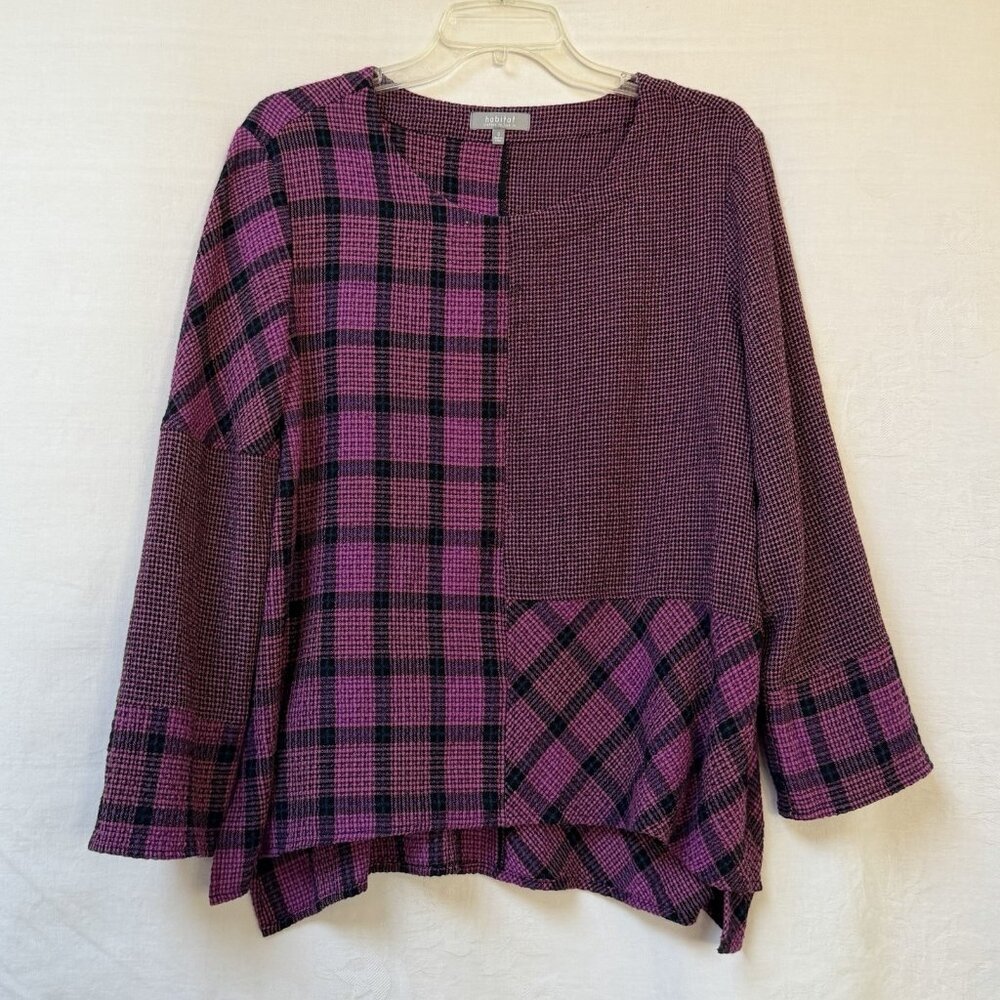 Habitat Women Blouse‎ Top Shirt Size Small Plaid Artsy Patchwork Lagenlook Relax